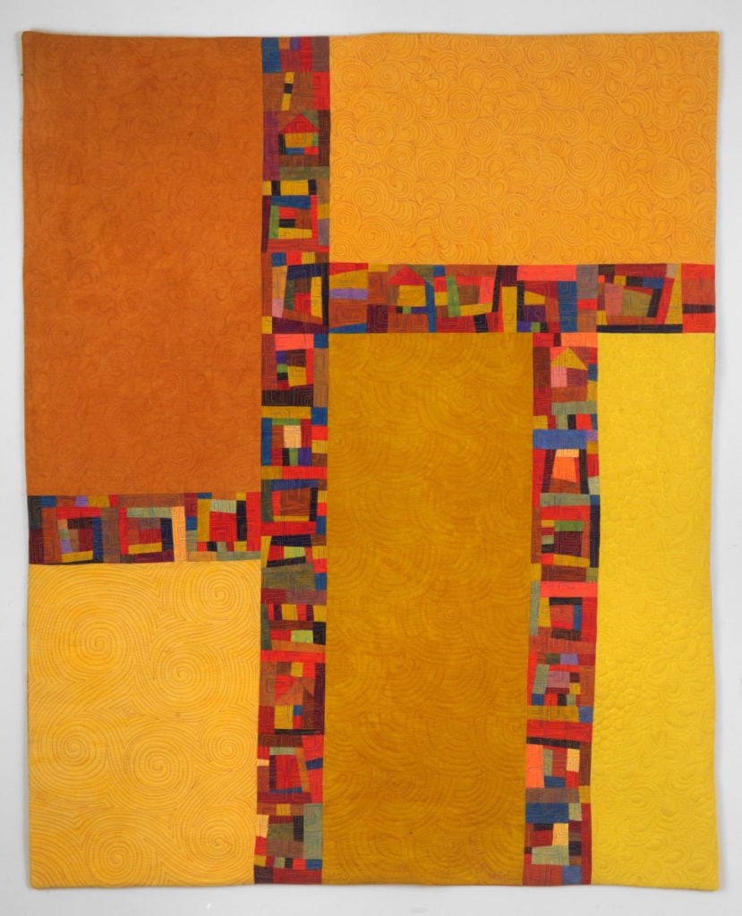 Uneven Bars art quilt in reds and golds - Cindy Grisdela