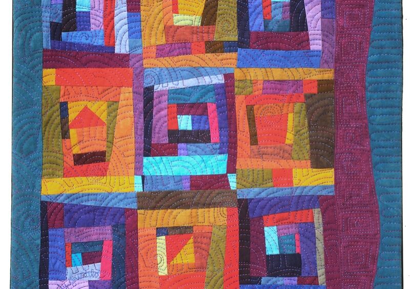 FramedBoxesSM-CindyGrisdela Framed Boxes Art Quilt in blues and reds - Cindy Grisdela
