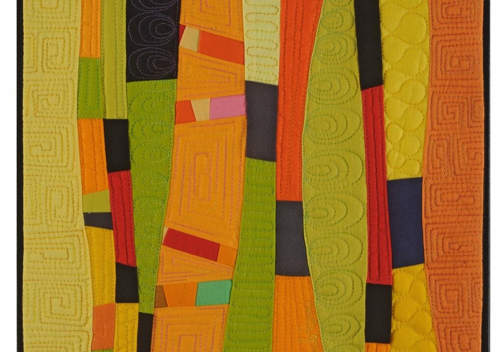 Metamorphosis art quilt in orange yellow and green - Cindy Grisdela